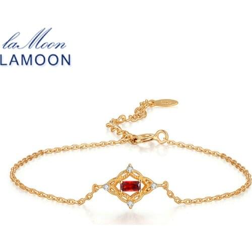 LAMOON100% Natural Gemstone S925 Red Garnet Bracelet For Women Vintage 925 Sterling Silver Jewelry Charm Gift Fine Jewelry HI055