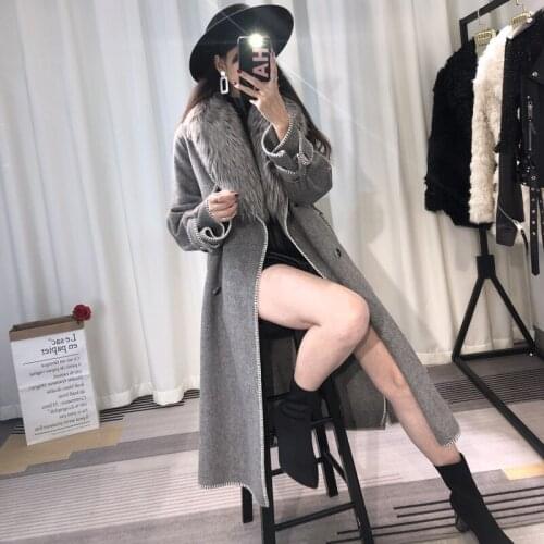 2020 Fashion Design Autumn Winter Female Long Trench Coat Genuine Wool Coat with real fox fur collar Women outwear