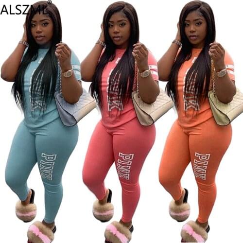 Letter print 2 piece set summer sport casual women suit o neck t-shirt and long pants female tracksuit 3 color