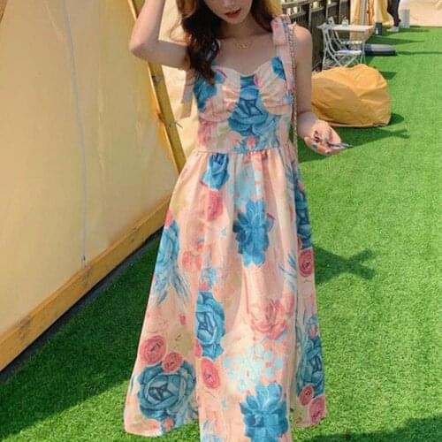 2021 Summer Temperament Girl Cottagecore High Waist New Dresses Women New Floral Elegant Oil Painting Sling Strap Dress Y2k