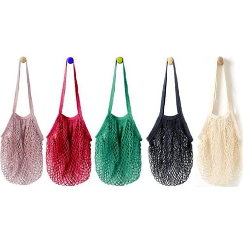5 Packs Reusable Grocery Mesh Bags,Washable Cotton String Shopping Bag with Long Handle,Random Color