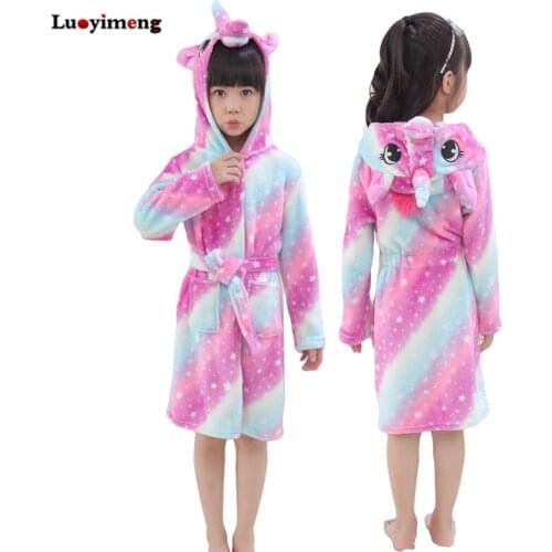 Kids Bathrobe For Girls Pajamas Star Unicorn Towel Flannel Sleepwear Cute Cartoon Unisex Nightwear Robe Boys Girls Dressing Gown