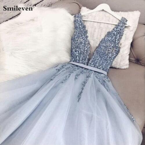 Smileven Sky Blue 2020 Evening Dresses A-line Sleeveless Tulle Appliques Pearls Slit Dubai Saudi Arabic Long Evening Gowns Plus