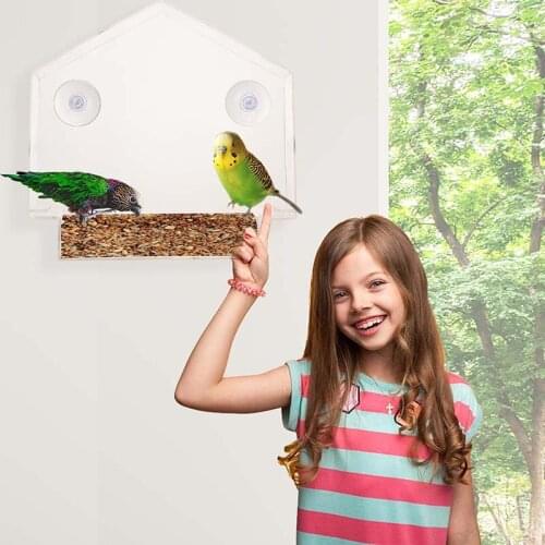 Window Bird House Feeder with Sliding Seed Holder and 4 Extra Strong Suction Cups Outside Birdhouse Shape J2Y