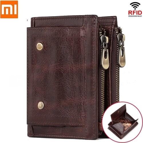Xiaomi Mens Genuine Leather Coin Purse RFID Antimagnetic male Wallet Retro Double Zipper Multi-Card Slots mony bag