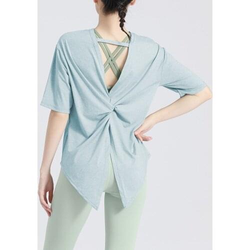 Summer Thin Breathable Sports T-Shirt Female Gym Fitness Tops Woman Short Sleeve Yoga Top Back Split Bandage Gym Tops Sport Wear