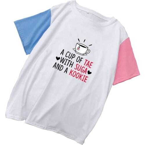 Summer Women T Shirt Harajuku Kawaii Cute A CUP OF TEA WITH SUGA AND A KOOKIE Print Tops Casual Harajuku Spell Color Cotton Tees
