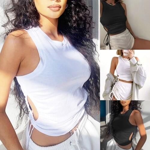 Hot kf-Fashion Trend Ladies Summer Short-Sleeved Nine-Point Shirt Solid Color Halter Belly Button T-Shirt Hollow Vest