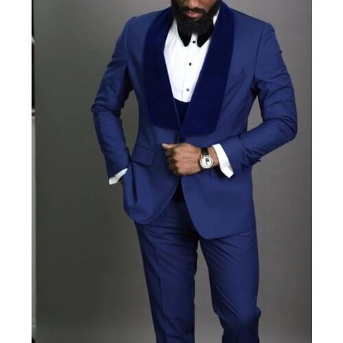 New Style Groomsmen Blue Groom Tuxedos Shawl Velvet Lapel Men Suits Wedding Best Man 3 pieces ( Jacket+Pants+Vest+Tie ) C811