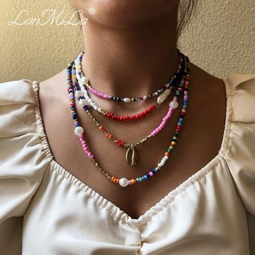 LanMiLa New 2021 Bohemian alloy coffee bean Pendant Layered Beads chains Clavicle Chain Necklace For Women Jewelry