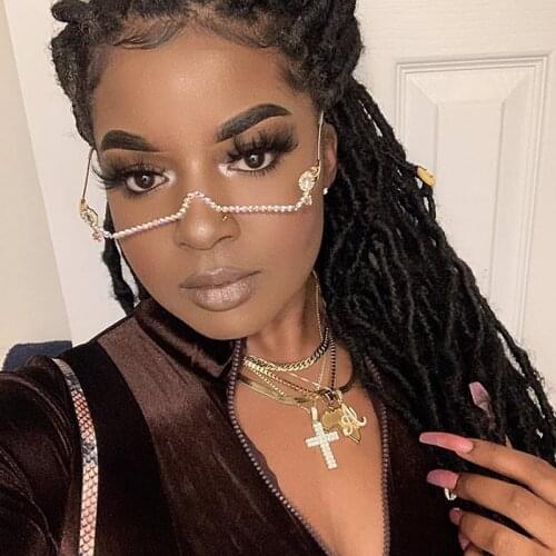 New Fashion eyeglasses Alloy Frame for Women green and Red Gem Lensless Chain Pendant Half Frame Luxury Diamond glasses