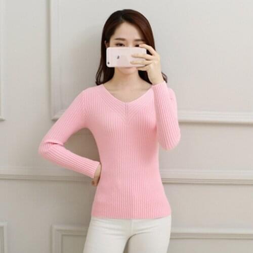 Autumn winter V-neck Slim long-sleeved sweater womens large size solid color pullover slim sweater A226
