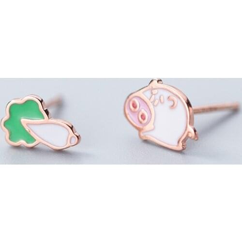 MloveAcc 100% 925 Solid Real Sterling Silver Asymmetric Vegetables Pig Stud Earring for Teen Fine Jewelry Brincos