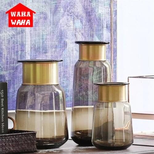 Nordic Bronze Ring Glass Vase Brief Tabletop Glass Vase Hydroponic Transparent Dried Flowers Home Decor Flower Wedding Ornaments