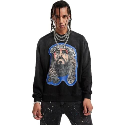 New fashion mens printed hoodie cotton faded vintage high street popular loose fit sweatshirts and hoodies