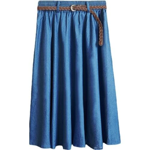 Thin Elastic Waist Summer Denim Skirts Women Blue Long Skirt with Belt Solid Plus Size Jean Skirts TJR9011