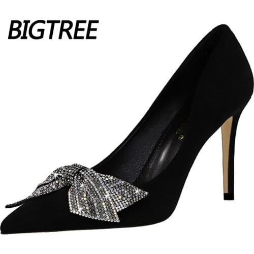 Women Shoes Crysta Bowknot High Heels Pointed Toe Flock Women Pumps Thin Heels Wedding Shoes Stiletto Plus Size 43 BIGTREE Shoes
