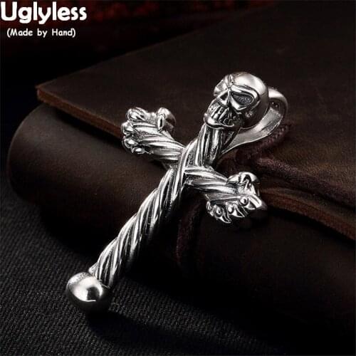 Uglyless Cool Gothic Skull Pendants Unisex Men Women Skeleton Necklaces NO Chains Twisted Claws Cross Pendant Fine Jewelry Punk