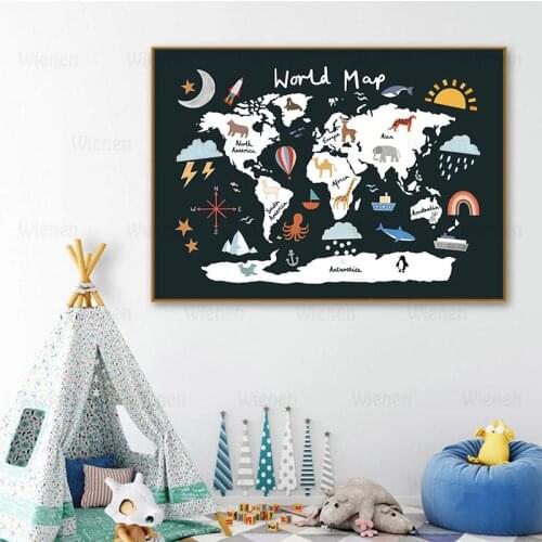 Kids Room Decoration World Map Alphabet Educational Poster Nursery Wall Art Canvas Painting Watercolor Modular Picture For Home
