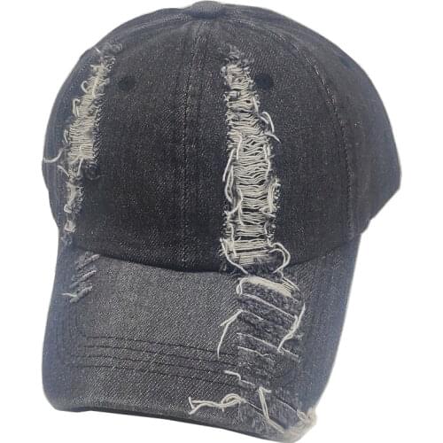 Fashion Hole Cap Mens Denim Hats 6 Panel Baseball Cap Distressed Washed Black Blue Adjustable Dad Hat