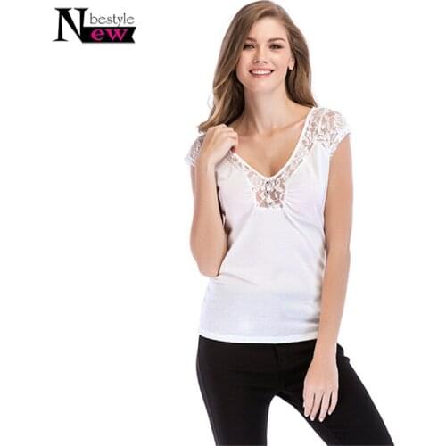 2019 Summer Women Sexy V-Neck Lace Stitching T-Shirt Women Lace Hollow Out Short Sleeve Casual Tees Solid Color Buttons T Shirt