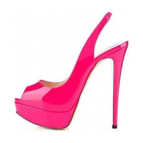 Moraima Snc Rose Pink Patent Leather High Heel Shoes Sexy Peep Toe Slingback Platform pumps Woman Super High Party Wedding Heels