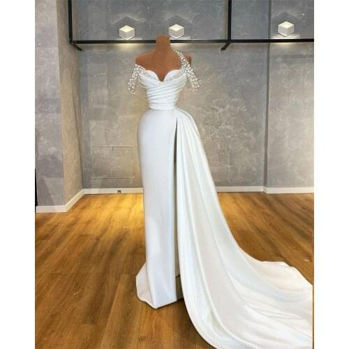 Heavy Pearls White Satin Mermaid Arabic Formal Evening Dresses Off Shoulder Sexy Front Split Plus Size Prom Party Gowns