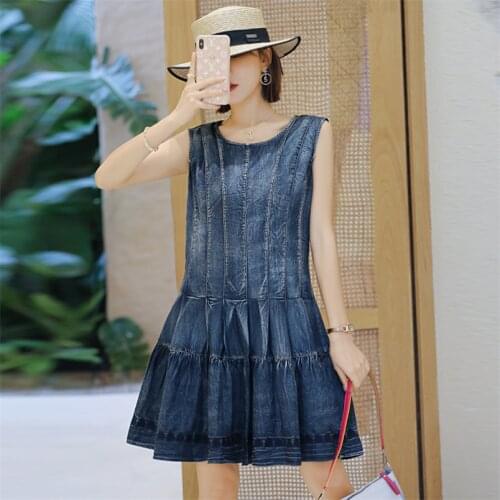 Summer Denim A line Dress 2020 Vintage Women Patchwork Dresses O-Neck Sleeveless A-Line Embroidery Vestidos Q82197 Vestido