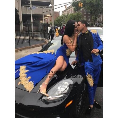 2020 Royal Blue Side Split Long Sweep Mermaid Prom Dresses with Gold Lace Applique Sweetheart African Trumpet Evening Gowns