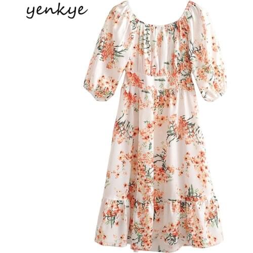 YENKYE Holiday Summer Dress Women Floral Print Boho Casual Sundress Female Back Knotted Hollow Out Vestido