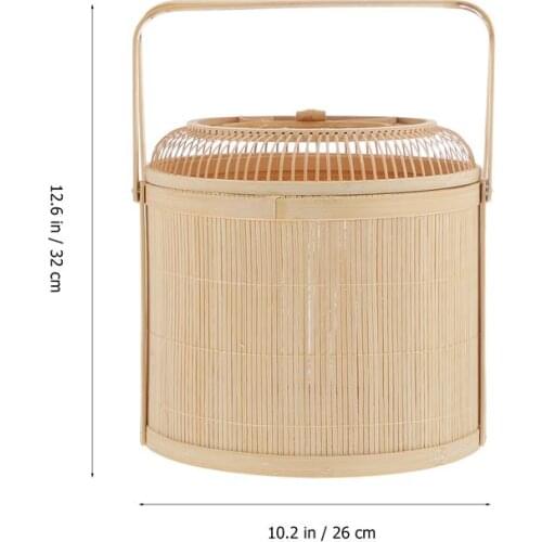 1pc Handmade Woven Bamboo Basket Moon Cake Fruit Basket Traditional Chinese Zongzi Rice-Pudding Food Storage Basket with Cover