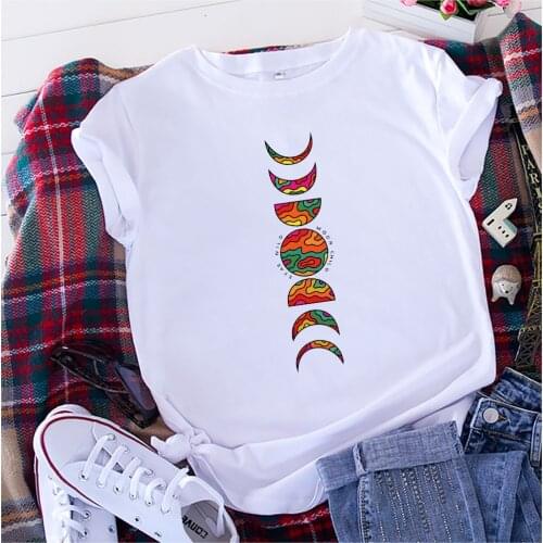100% Cotton Colorful Moon Planet Print Breathable Womens T shirt Short Sleeve Tops Female Tee Summer Women T-shirts Tops S-5XL