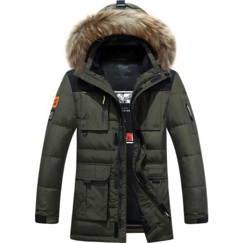 -20 Degree Down Jacket Mens White Duck Down Parkas Coat Mid-length Thick Warm Real Fur Hooded Parkas Men Windbreaker Outdoor