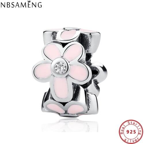 Authentic 925 Sterling Silver Bead Charm Pink Flower Glaze Round Beads Fit Original Bracelet & Bangle DIY Jewelry Making