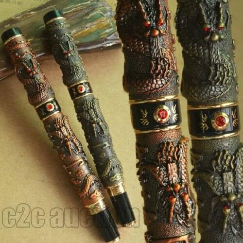 FOUNTAIN PENS 2 PCS JINHAO ANTIQUE COPPER DRAGON PLAY PEARL 0.7mm BROAD NIB