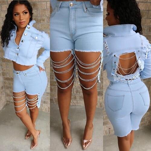BKLD 2019 New Women Summer Streetwear Chain Hollow Out Black High Waist Knee Length Pants Light Denim Jeans Skinny Short Pants