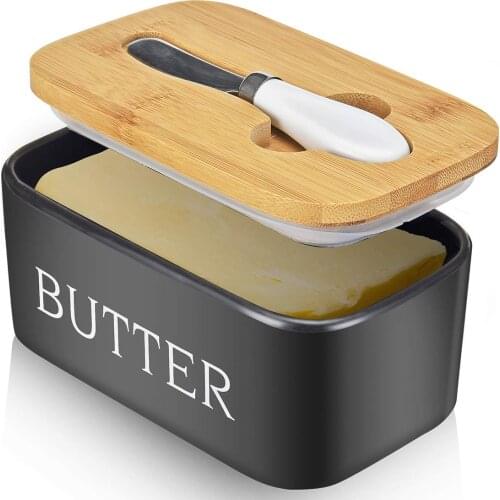 Large Butter Dish with Lid Holds Up to 2 Sticks Ceramics Butter Keeper Container with Knife and Stainless Steel Double-layer Sil