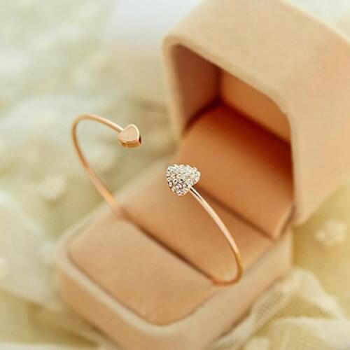 Fashion full diamond heart-shaped peach bracelet open gold-plated diamond love bracelet double heart bracelet Cuff Bangles