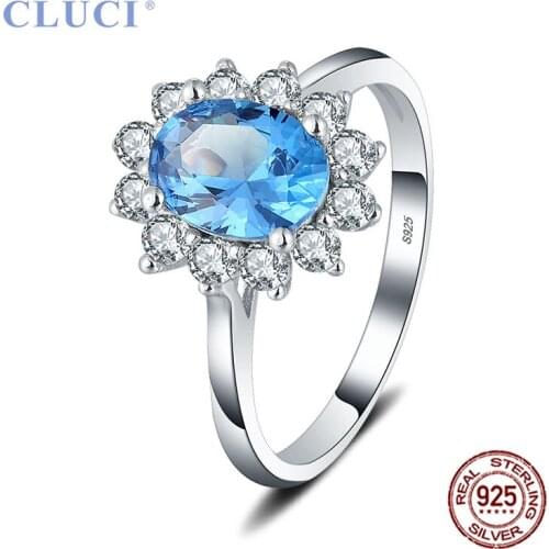 CLUCI Authentic Sterling Silver 925 Oval Blue White Zircon Classic Claws Finger Ring for Women Wedding Jewelry Ring DR1060SB
