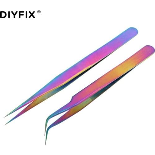 DIYFIX 2Pcs Eyelash Extension Tweezers Electroplating Forceps Straight Curved Tips for Nail Art Rhinestones Gem Decor Picking