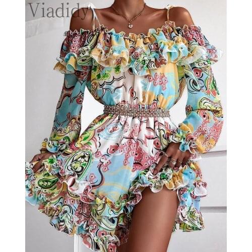 Elegant Off Shoulder Ruffle Hem Floral Print Dress
