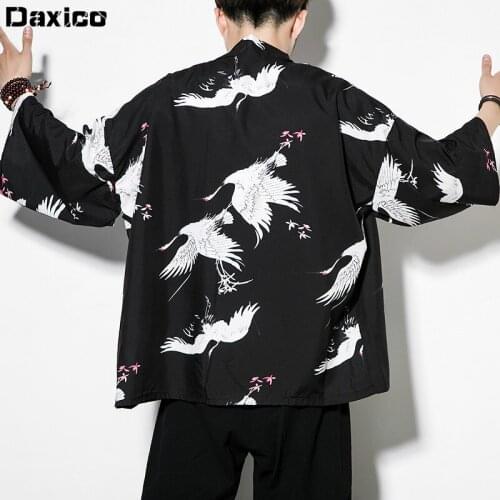 2020 New Arrival Crane Kimono Cardigan Man Samurai Costume Clothing Kimono Jacket Male Shirt Oriental Yukata Haori