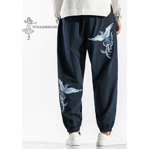 Kimonos Japanese Style Crane Embroidered Pants Harajuku Yukata Beam Feet Harem Men Asian Japan Traditional Cropped Male Costume