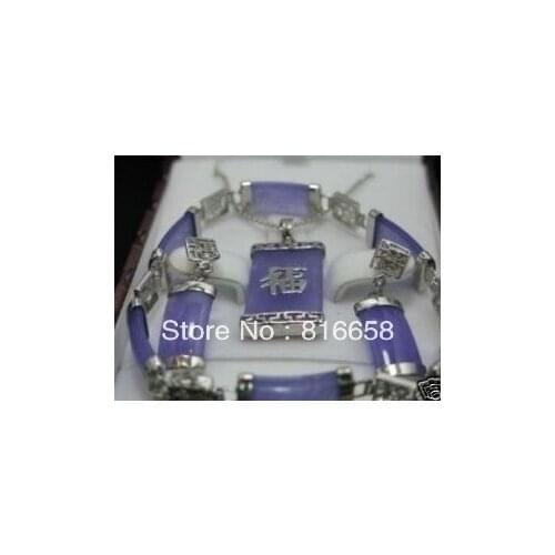 Beautiful purple jade pendant bracelet earrings necklace set