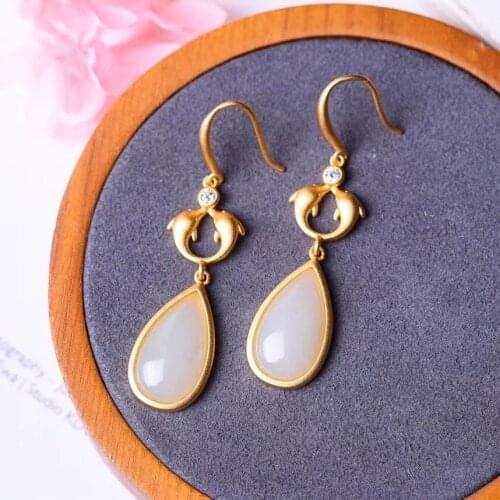 Natural Hetian Jade White Jade Little Dolphin Earrings Ancient Gold S925 Loving Heart in Sterling Silver Earrings Ornament