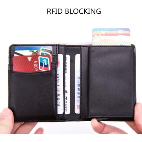 2019 New Genuine Leather Men Wallet RFID Blocking Metal Case ID Card Holder Mini Wallet Automatic Credit Card Coin Purse