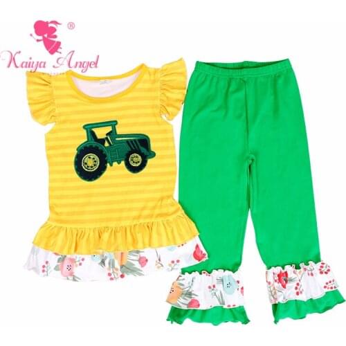 Kaiya Angel Halloween Girls Clothes Yellow-orange Stripe Grass Green Cotton Flower Toddler Girls Summer Back To School Outfit