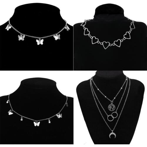 Alloy Butterfly Necklace Moon Star Heart Charm Choker Collar Necklaces For Women Girls Trendy Neck chain Silver Gold Jewelry