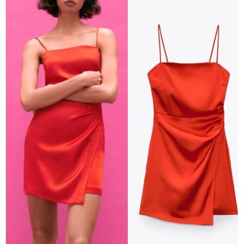 Dress Woman Red Satin Mini Summer Dress Women 2021 Backless Slip Sexy Party Dresses Ladies Ruched Strap Short Dresses