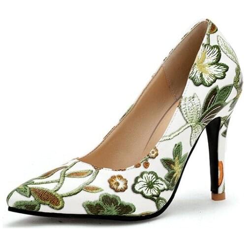 PQECFS Big size 33-45 high quality hot sale 2019 new fashion women solid embroider pointed toe high heels pumps 3 colors